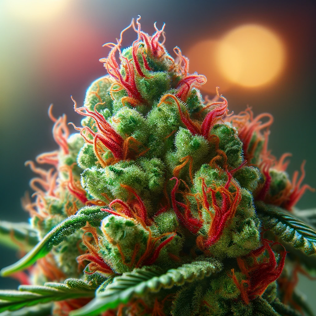 A close-up view of the Cherry AK-47 cannabis strain, showcasing its unique characteristics such as bright green buds covered in rich red hairs, giving