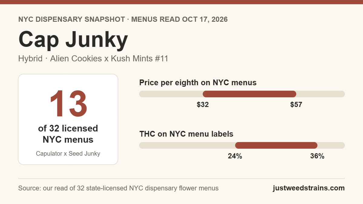 Cap Junky NYC snapshot: on 13 of 32 licensed dispensary menus on Oct 17, 2026, $32 to $57 per eighth, 24% to 36% THC on labels
