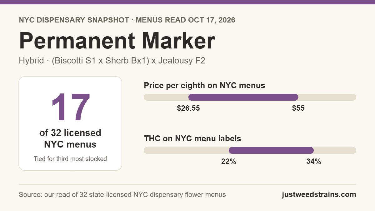 Permanent Marker NYC snapshot: on 17 of 32 licensed dispensary menus on Oct 17, 2026, $26.55 to $55 per eighth, 22% to 34% THC on labels