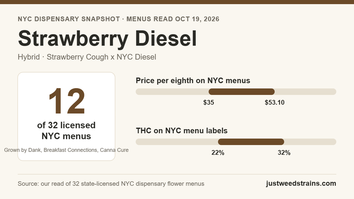 Strawberry Diesel NYC snapshot: on 12 of 32 licensed dispensary menus on Oct 19, 2026, $35 to $53.10 per eighth, 22% to 32% THC on labels